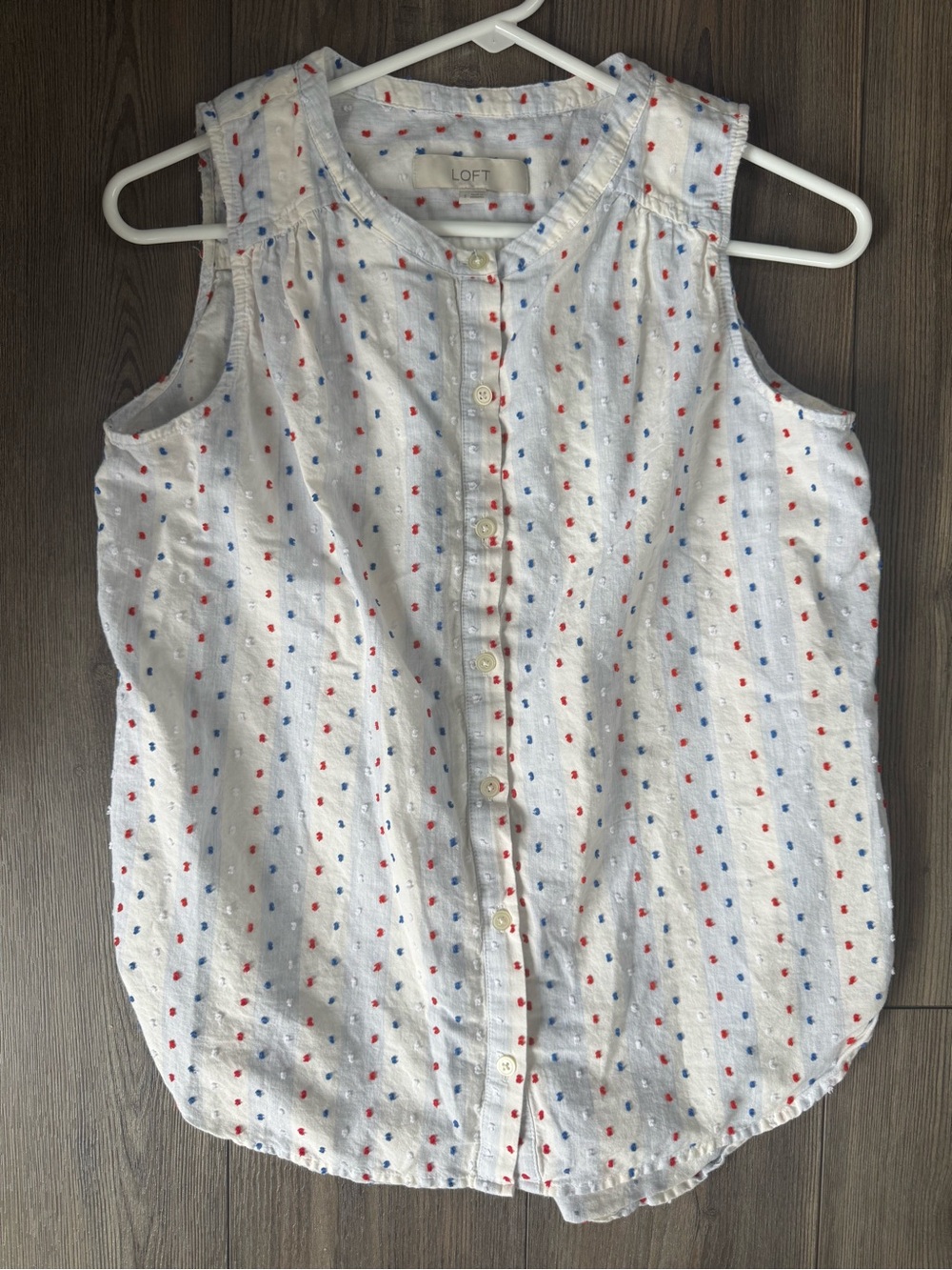LOFT White Sleeveless Button-Front Top with Red & Blue Dot Print - S